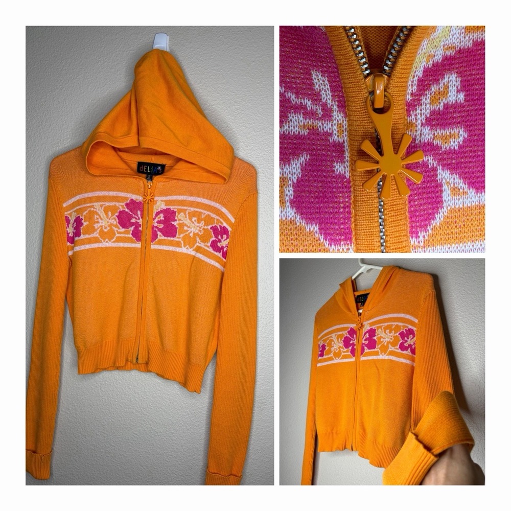 dELiA*s Dolls Kill Sunkissed Knit Jacket Y2K 90s Revival Floral Orange S Hoodie